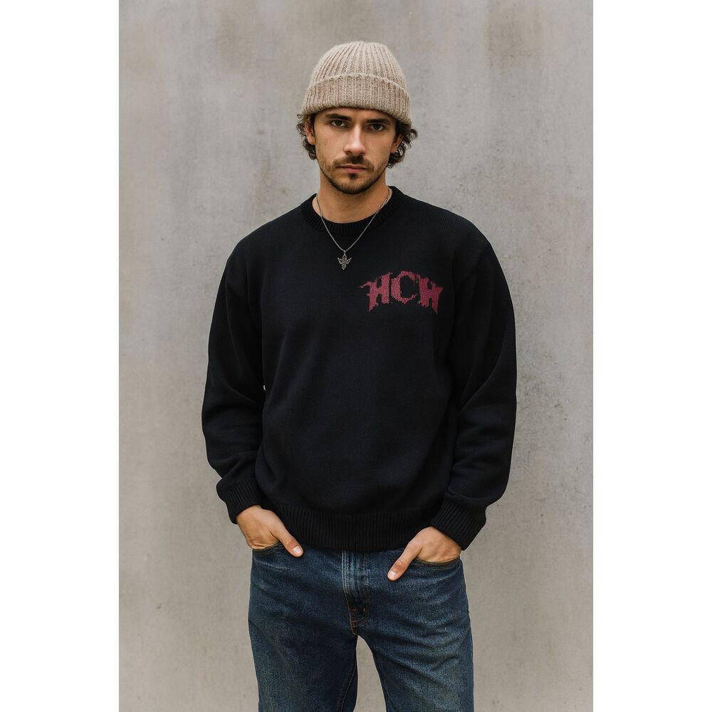 HEAVEN CAN WAIT Black Knit Skeleton Pullover Sweater Top Mens Size Medium